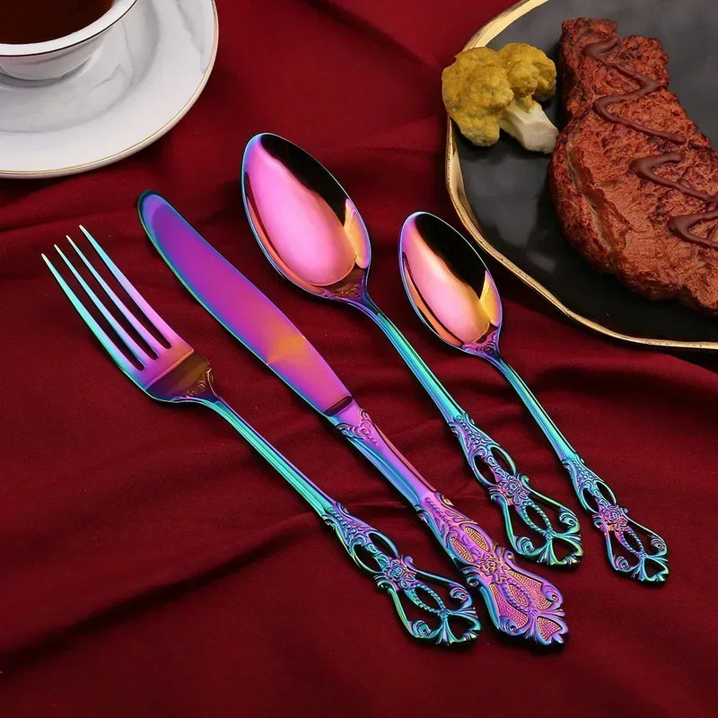 Conjunto de talheres de aço inoxidável dourado Royal European Spoon Fork Talheres completos Design retrô Lava-louças Elegante Talheres