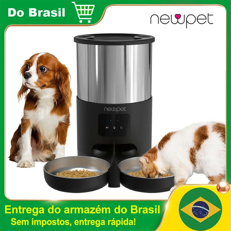 Newpet WiFi Alimentadores Automáticos para Gatos para 2 Gatos 4L Dispensador de Comida para Gatos com Controle APP Tigelas Duplas de Aço Inoxidável Alarmes de Alimentos Baixos