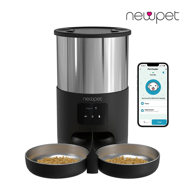 Newpet WiFi Alimentadores Automáticos para Gatos para 2 Gatos 4L Dispensador de Comida para Gatos com Controle APP Tigelas Duplas de Aço Inoxidável Alarmes de Alimentos Baixos