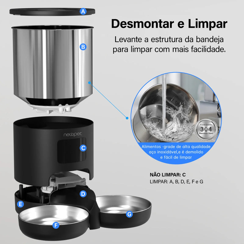 Newpet WiFi Alimentadores Automáticos para Gatos para 2 Gatos 4L Dispensador de Comida para Gatos com Controle APP Tigelas Duplas de Aço Inoxidável Alarmes de Alimentos Baixos