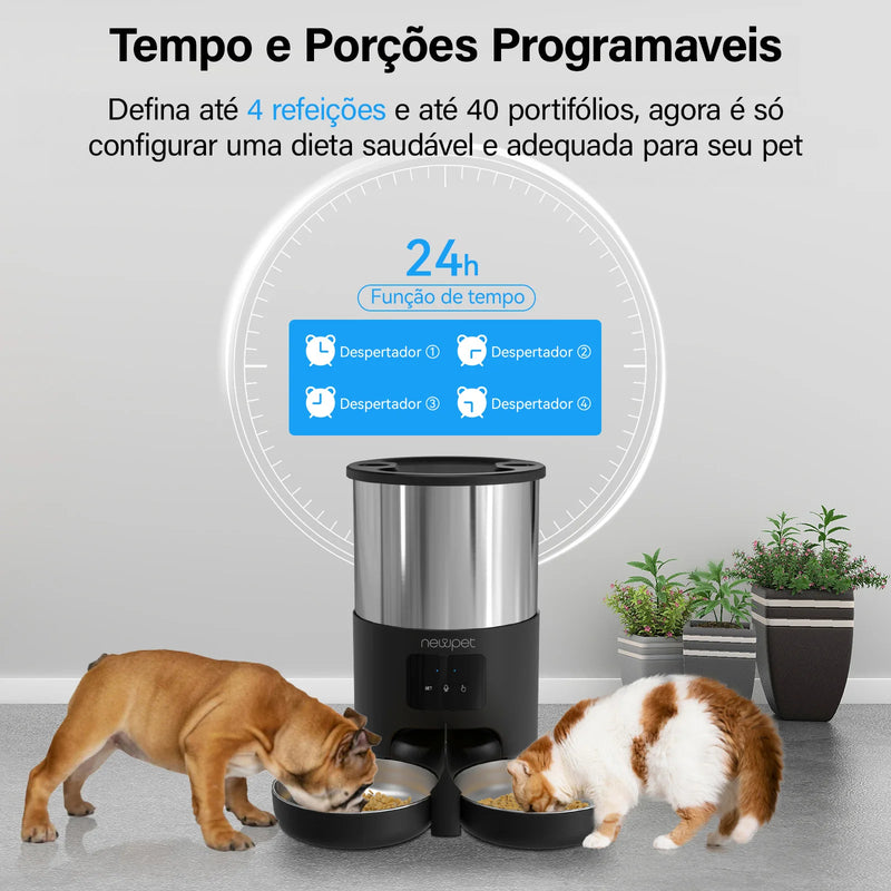 Newpet WiFi Alimentadores Automáticos para Gatos para 2 Gatos 4L Dispensador de Comida para Gatos com Controle APP Tigelas Duplas de Aço Inoxidável Alarmes de Alimentos Baixos