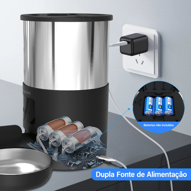 Newpet WiFi Alimentadores Automáticos para Gatos para 2 Gatos 4L Dispensador de Comida para Gatos com Controle APP Tigelas Duplas de Aço Inoxidável Alarmes de Alimentos Baixos