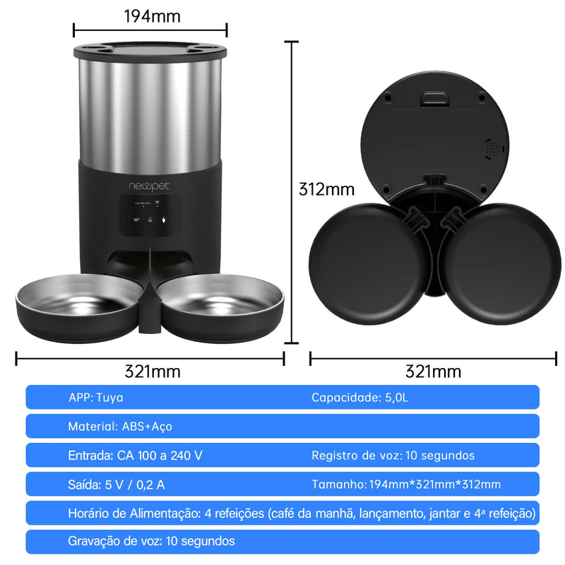 Newpet WiFi Alimentadores Automáticos para Gatos para 2 Gatos 4L Dispensador de Comida para Gatos com Controle APP Tigelas Duplas de Aço Inoxidável Alarmes de Alimentos Baixos