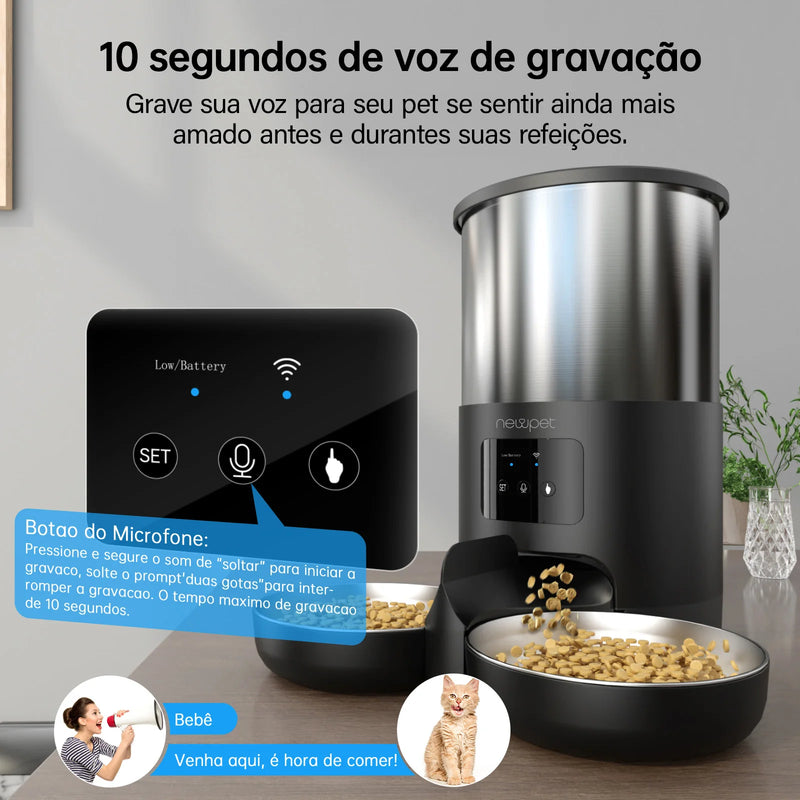 Newpet WiFi Alimentadores Automáticos para Gatos para 2 Gatos 4L Dispensador de Comida para Gatos com Controle APP Tigelas Duplas de Aço Inoxidável Alarmes de Alimentos Baixos