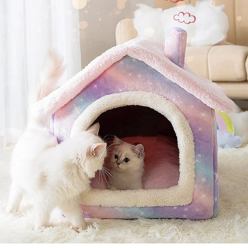 Cama para Gatos para Animais de Estimação Casa para Dormir Almofada Removível & Lavada Quente Cama para Cães Caverna Interna Tipo Fechado Casa de Tenda Suprimentos para Gatinhos Carpete