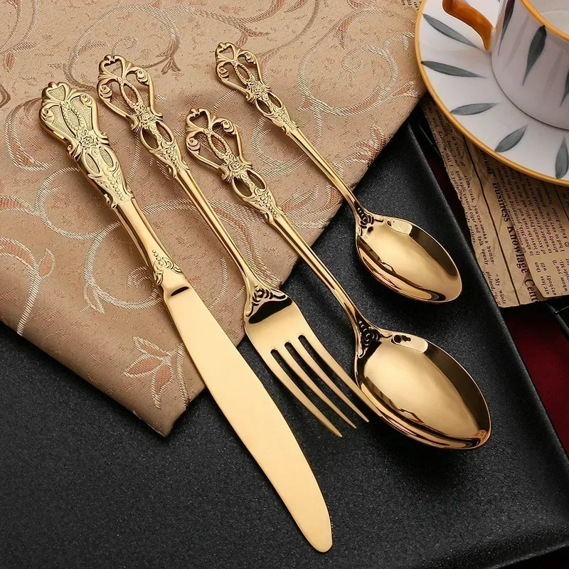 Conjunto de talheres de aço inoxidável dourado Royal European Spoon Fork Talheres completos Design retrô Lava-louças Elegante Talheres